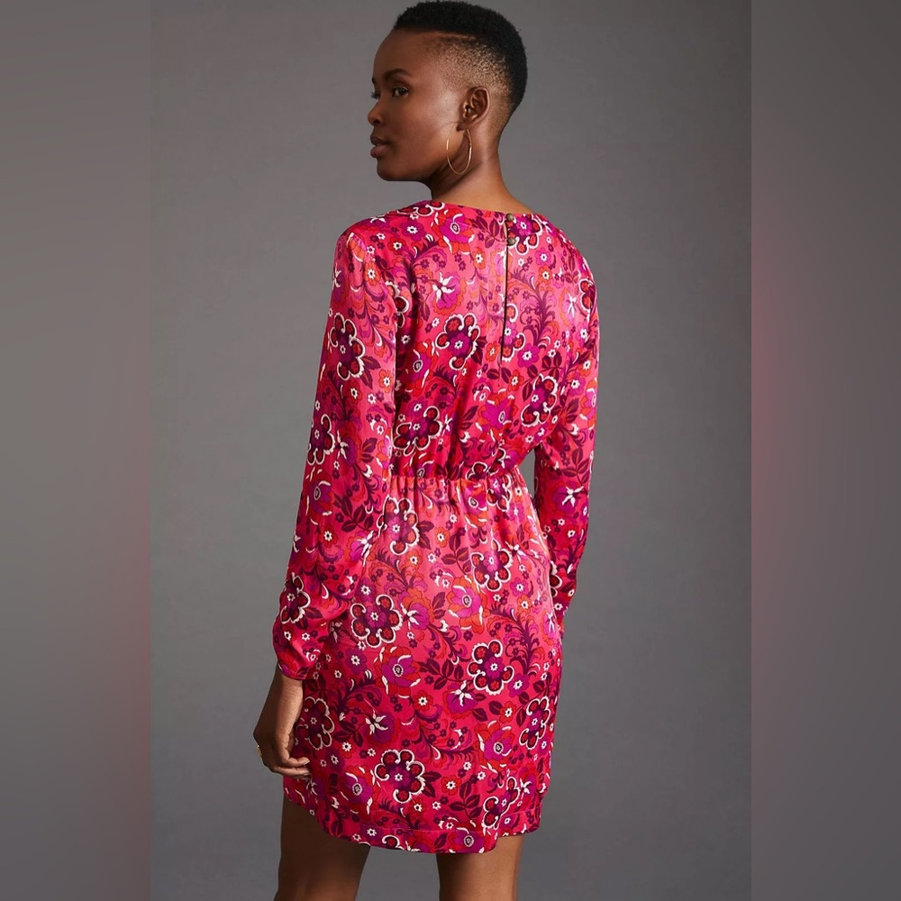 Anthropologie Maeve Vibrant Pink Wrap Mini Floral Long Sleeve Dress NWT Medium P - Picture 2 of 8